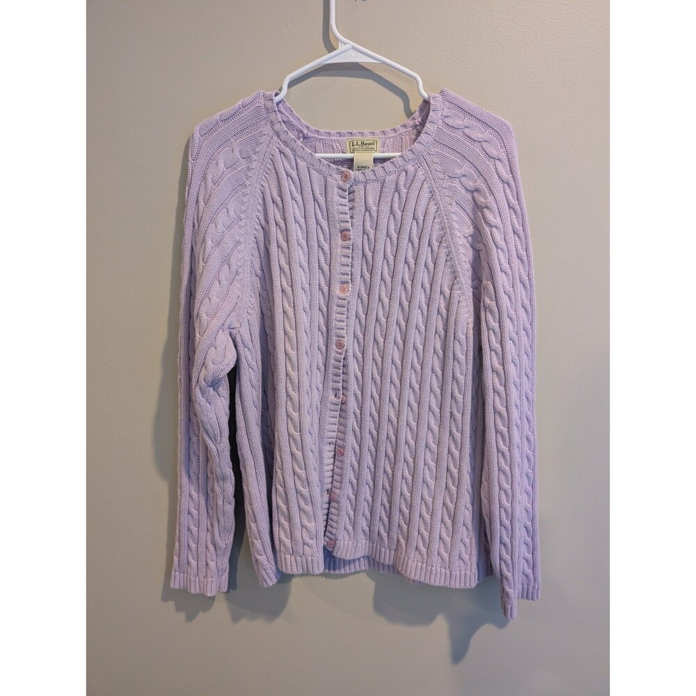 Vtg LL Bean Cable Knit Sweater XL Purple Lilac Cotton Outdoor Vintage Fisherman